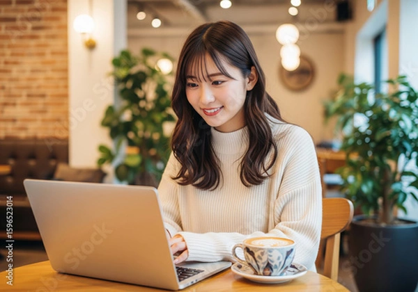 Obraz カフェで、笑顔で楽しくパソコン作業をする白いセーターを着た女性