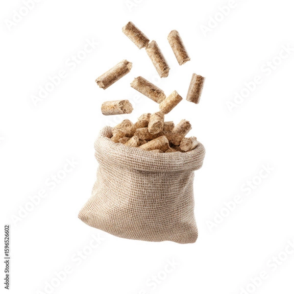 Fototapeta Natural Wood Pellets Falling from Burlap Sack on White Background for Eco-Friendly Heating Solutions