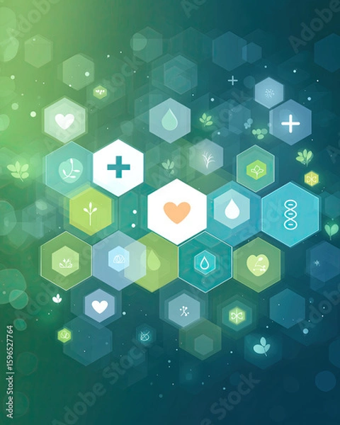 Obraz Seamless Pastel-To-Teal Hexagon Pattern with Embossed Health Icons on Clean Gradient
