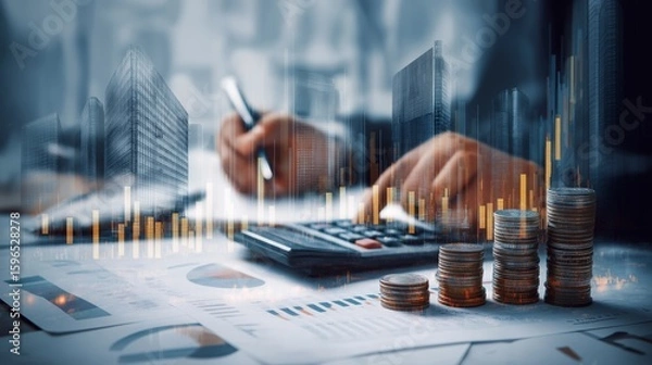 Obraz Business professional calculating financial expenses with calculator and paperwork on desk, focusing on cost analysis and budgeting.