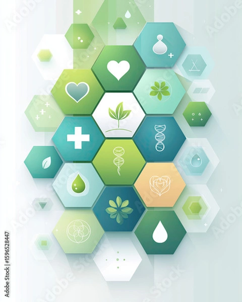 Obraz Seamless Pastel-To-Teal Hexagon Pattern with Embossed Health Icons on Clean Gradient