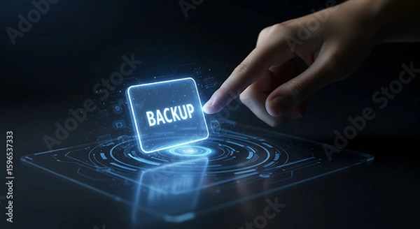 Obraz Data Backup: An individual's finger gently presses a glowing BACKUP button, suggesting data protection
