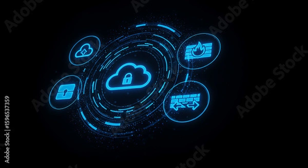 Obraz Secured Cloud Computing: An abstract representation of secure cloud computing, featuring a central cloud icon encircled by security symbols, highlighting digital safety and data protection.