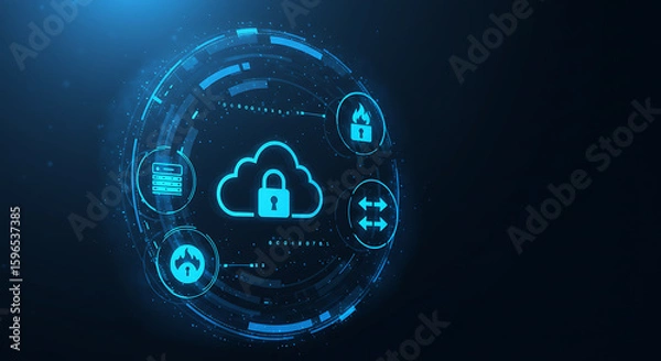 Obraz Cloud Computing Security: A digital illustration showcases cloud computing security, where the secure cloud is at the core, encircled by essential elements of cyber protection.