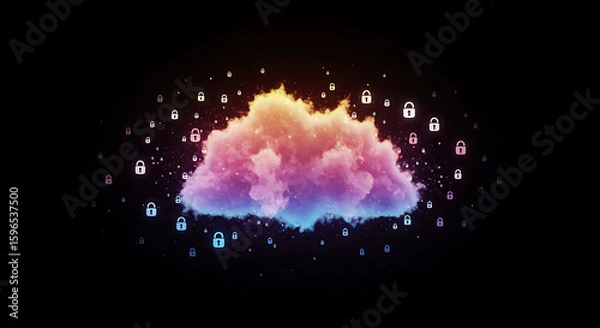 Obraz Cloud Security: Digital cloud, a glowing nebula, adorned with numerous locks symbolizes the secure nature of data, a stunning visual in space.
