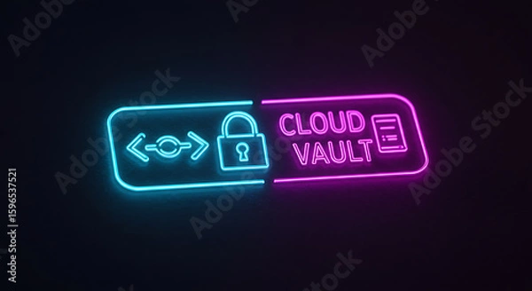 Obraz Cloud Vault Security: A sleek, neon-lit graphic showcases 'Cloud Vault' – an emblem of digital security, privacy, and data protection. Its modern design speaks volumes.