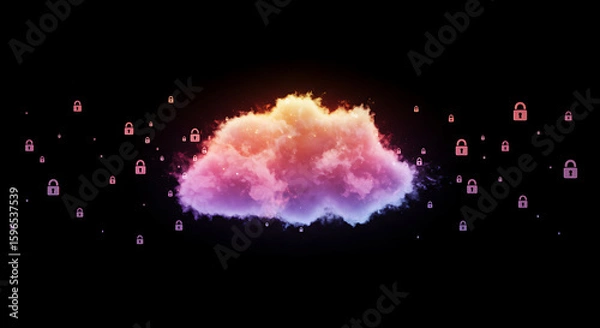 Obraz Cloud Security: A vibrant, glowing cloud, adorned with delicate pastel hues, surrounded by symbolic padlocks, a visual representation of data protection in the digital realm.
