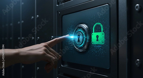 Obraz Cybersecurity Lock: A digital lock glows on a safe, highlighting data protection and digital security in a vault room.