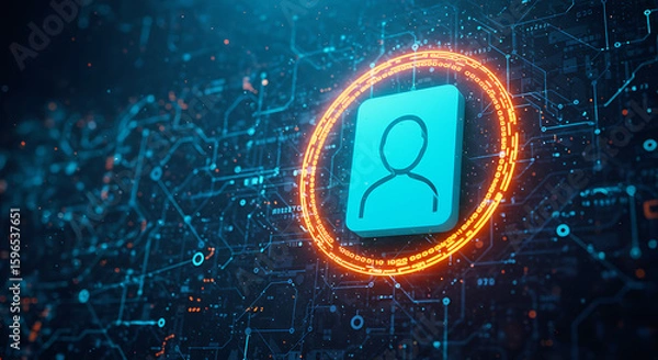Obraz Digital Identity: An illuminated digital representation of a person within a glowing circular frame against a futuristic circuit board.
