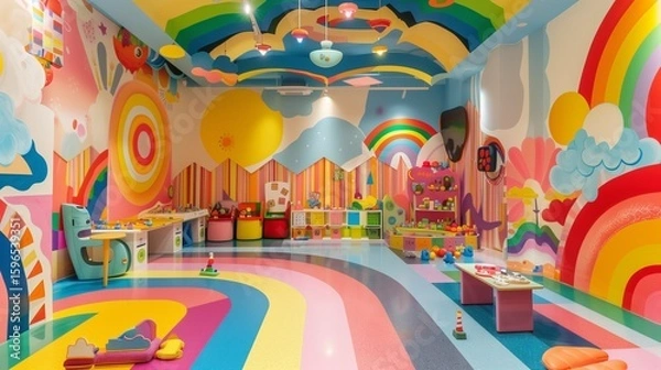 Obraz A vibrant playroom with walls painted in playful, bright colors, filled with colorful toys and art supplies, creating a joyful atmosphere.