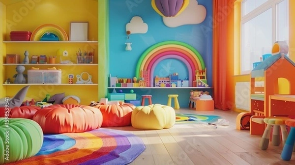 Obraz A vibrant playroom with walls painted in playful, bright colors, filled with colorful toys and art supplies, creating a joyful atmosphere.