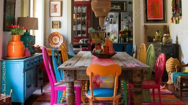 Obraz An eclectic dining room with a mix of colorful chairs around a wooden table, adorned with a vibrant table runner and eclectic centerpieces.