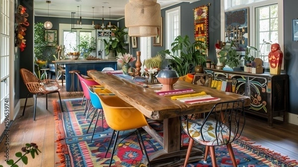 Obraz An eclectic dining room with a mix of colorful chairs around a wooden table, adorned with a vibrant table runner and eclectic centerpieces.