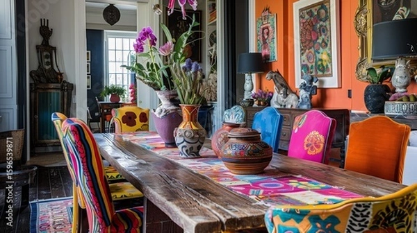 Obraz An eclectic dining room with a mix of colorful chairs around a wooden table, adorned with a vibrant table runner and eclectic centerpieces.