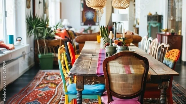 Obraz An eclectic dining room with a mix of colorful chairs around a wooden table, adorned with a vibrant table runner and eclectic centerpieces.