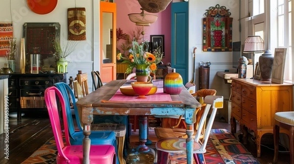 Obraz An eclectic dining room with a mix of colorful chairs around a wooden table, adorned with a vibrant table runner and eclectic centerpieces.