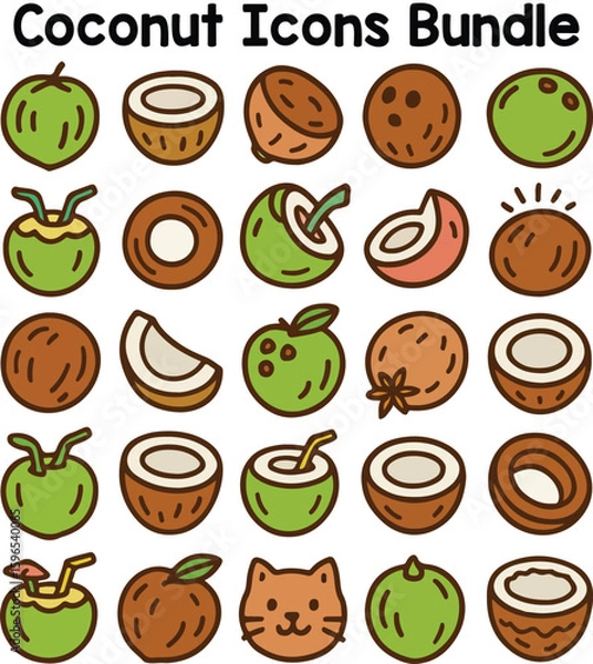 Fototapeta Set of Colorful coconut icons. Doodle style icon vector bundle