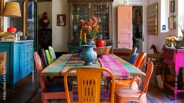 Obraz An eclectic dining room with a mix of colorful chairs around a wooden table, adorned with a vibrant table runner and eclectic centerpieces.