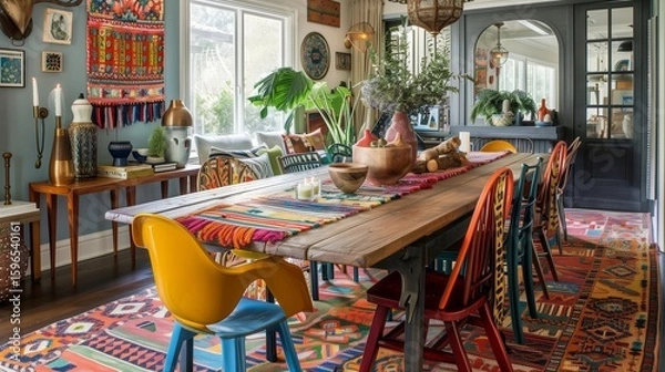 Obraz An eclectic dining room with a mix of colorful chairs around a wooden table, adorned with a vibrant table runner and eclectic centerpieces.