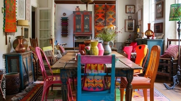 Obraz An eclectic dining room with a mix of colorful chairs around a wooden table, adorned with a vibrant table runner and eclectic centerpieces.