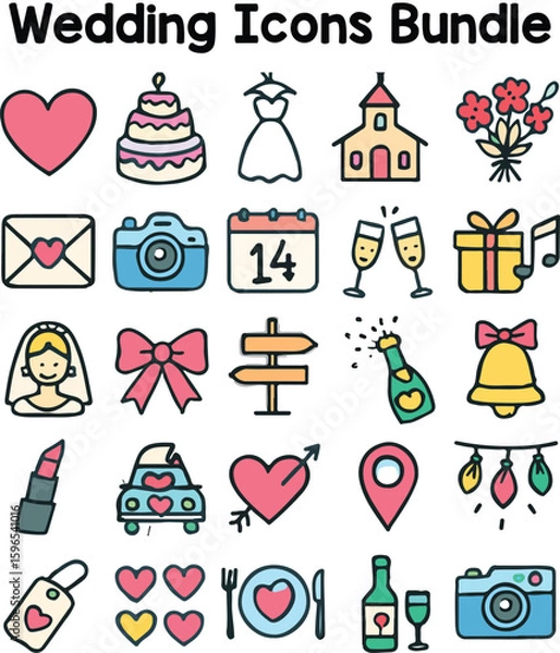 Fototapeta Set of Colorful wedding icons. Doodle style icon vector bundle