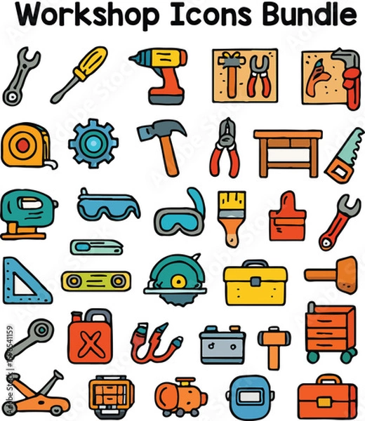 Fototapeta Set of Colorful workshop icons. Doodle style icon vector bundle