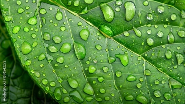 Obraz A close-up view of a rain-soaked leaf, with each droplet magnifying the intricate veins and textures of the leaf surface.