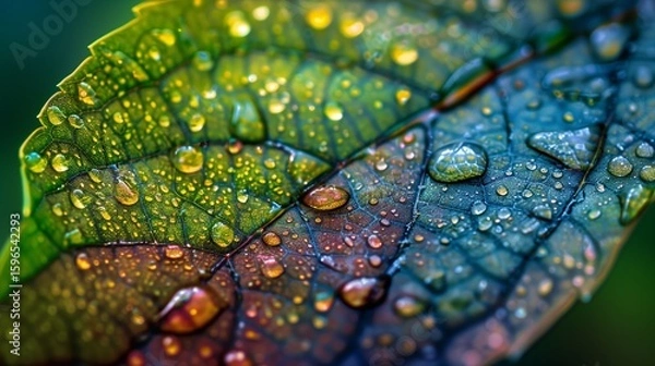Obraz A close-up view of a rain-soaked leaf, with each droplet magnifying the intricate veins and textures of the leaf surface.