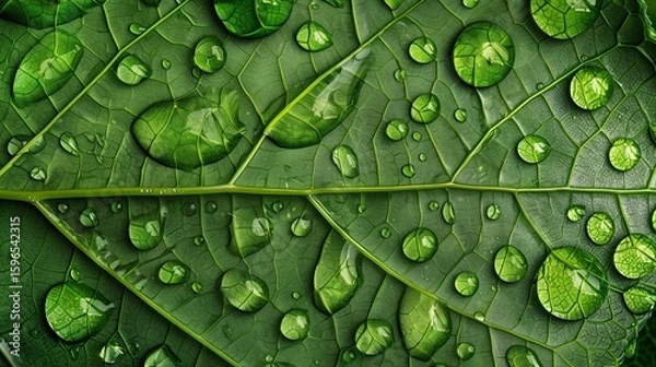 Obraz A close-up view of a rain-soaked leaf, with each droplet magnifying the intricate veins and textures of the leaf surface.