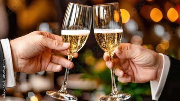 Obraz Two hands clinking champagne glasses in celebration at a festive gathering with blurred lights
