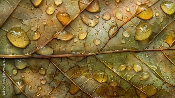 Obraz A close-up view of a rain-soaked leaf, with each droplet magnifying the intricate veins and textures of the leaf surface.