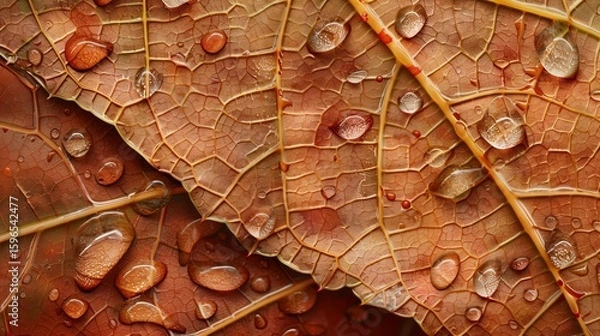 Obraz A close-up view of a rain-soaked leaf, with each droplet magnifying the intricate veins and textures of the leaf surface.