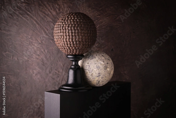 Fototapeta Sfere decorative su piedistallo con texture metallica e pietra su fondo materico marrone