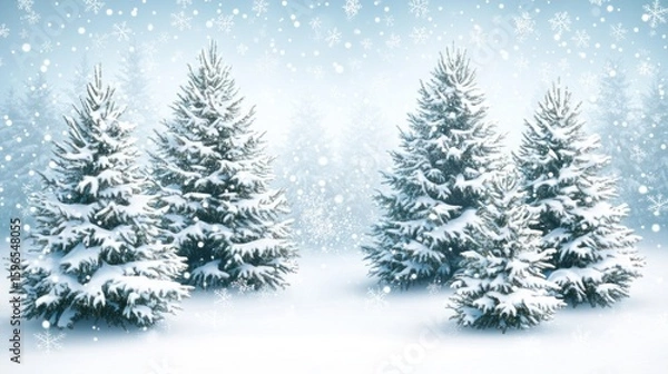 Fototapeta Snowy winter landscape with three snow-covered fir trees.