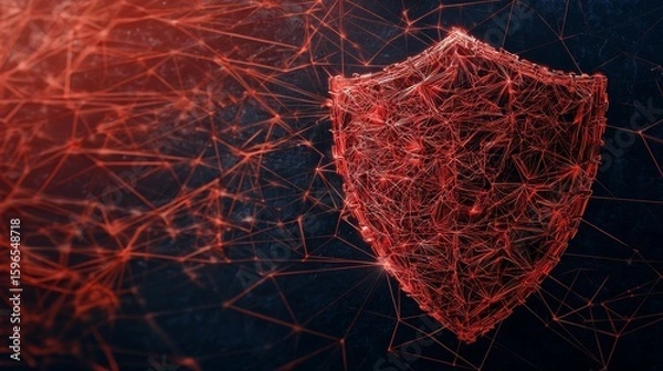 Fototapeta A digital red shield formed by interconnected lines and nodes symbolizes cybersecurity and data protection against threats.