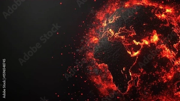Fototapeta A glowing, fiery representation of Earth with bright, molten-like cracks and sparks, symbolizing intense heat or volcanic activity.