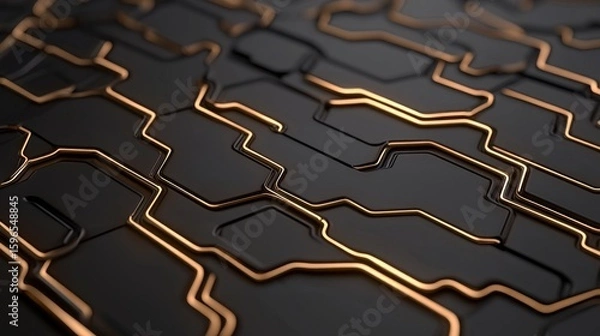 Fototapeta Close-up of a sleek black surface featuring intricate, interconnected copper lines resembling a futuristic circuit board or abstract technology design.