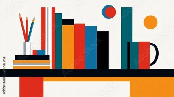 Fototapeta A minimalist abstract illustration of books, pencils, a coffee mug, and geometric shapes on a shelf with a clean, modern design and vibrant colors.