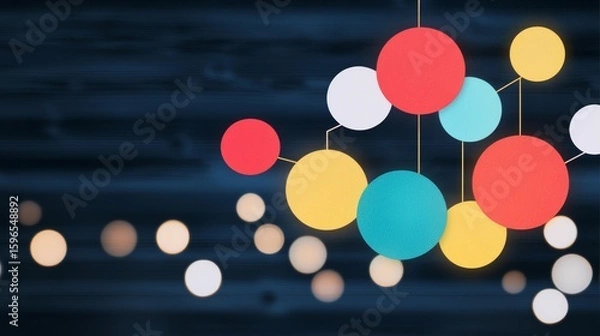 Fototapeta Abstract mobile with colorful circles in red, yellow, blue, and white hanging against a dark background.