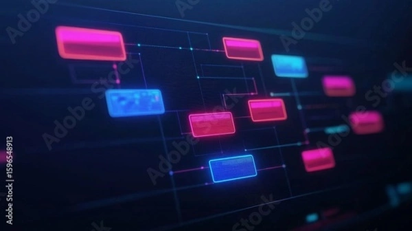 Fototapeta A futuristic digital flowchart with neon pink and blue nodes connected by dotted lines on a dark background, representing data processing or network architecture.