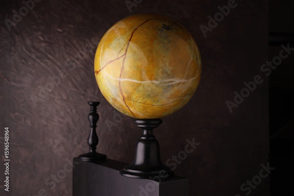 Fototapeta Grande sfera in marmo giallo con venature su piedistallo nero e sfondo marrone materico