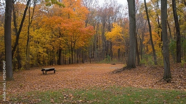 Fototapeta Serene autumnal woodland scene with a park bench amidst a carpet of fallen leaves.  Misty, colorful foliage fills the background