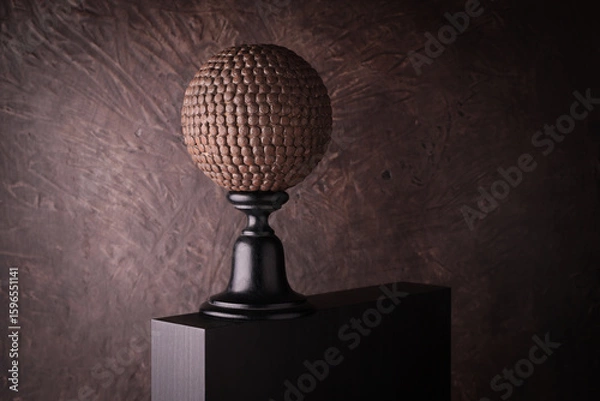 Fototapeta Sfera con chiodi di metallo decorativa su piedistallo nero con sfondo marrone materico