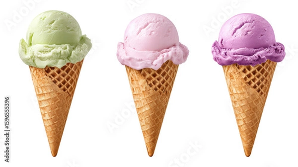 Fototapeta Ice cream cones isolated on transparent background with colorful scoops in row