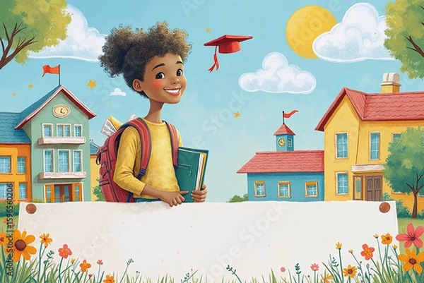 Fototapeta Excited Students Entering School Building on the First Day of Class