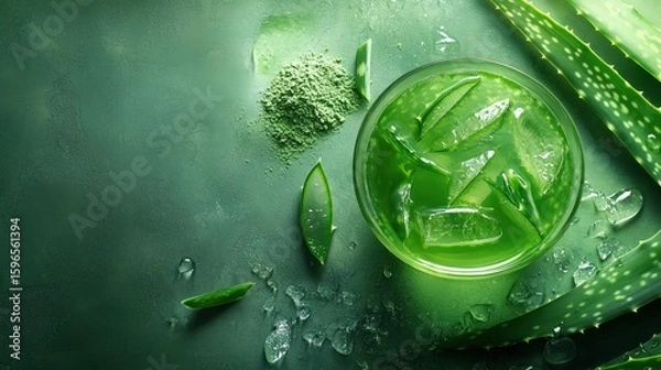 Fototapeta Refreshing aloe vera drink with ice cubes and green leaves overhead flatlay