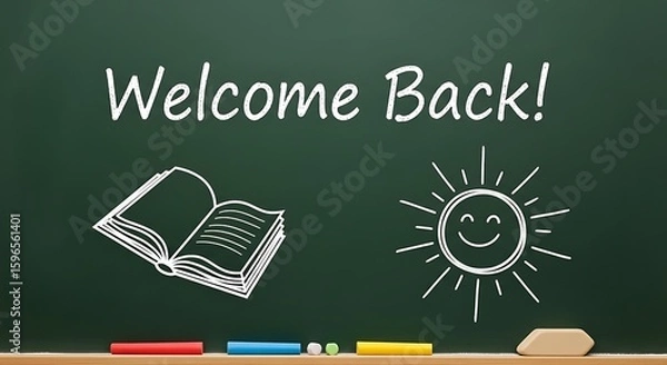Fototapeta Welcome Back! Inspiring Chalkboard Message with Open Book & Sun Illustration