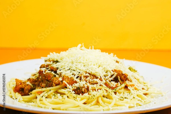 Fototapeta A generous serving of spaghetti bolognese topped with a mound of shredded cheese and herbs.