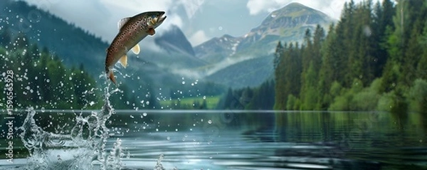 Obraz A trout leaping out of the water with droplets splashing around, set against a backdrop of a serene mountain lake surrounded by dense forest. 40k, full ultra hd, high resolution