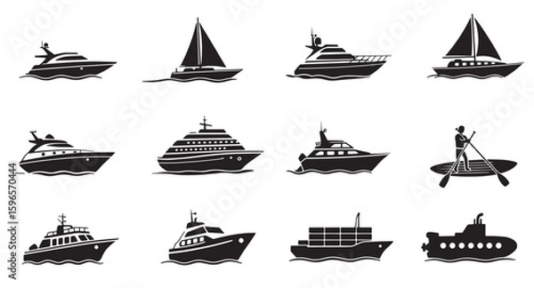 Fototapeta Collection of black and white boat illustrations depicting different watercraft and paddle boarding